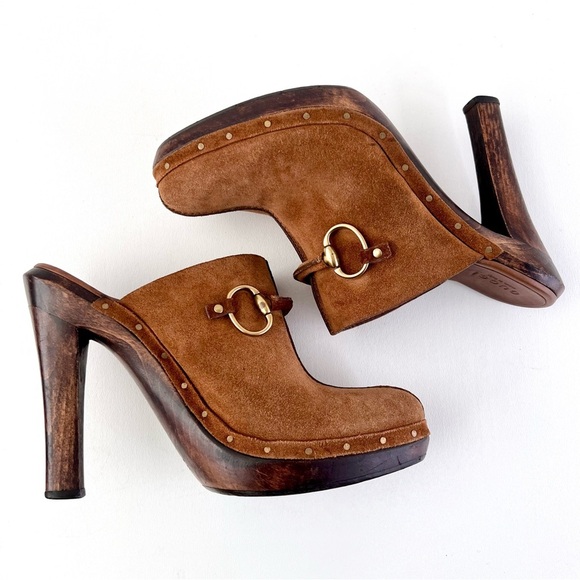 GUCCI | Brown Suede Horsebit Nailhead High Heel Wood Mule Clogs Platform US 8.5 - Picture 10 of 16